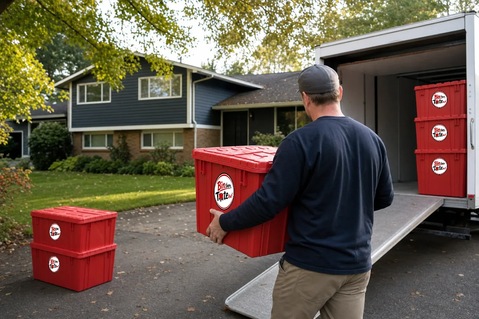 Person loading red moving totes from a driveway into a small truck outside a Tigard split-level home