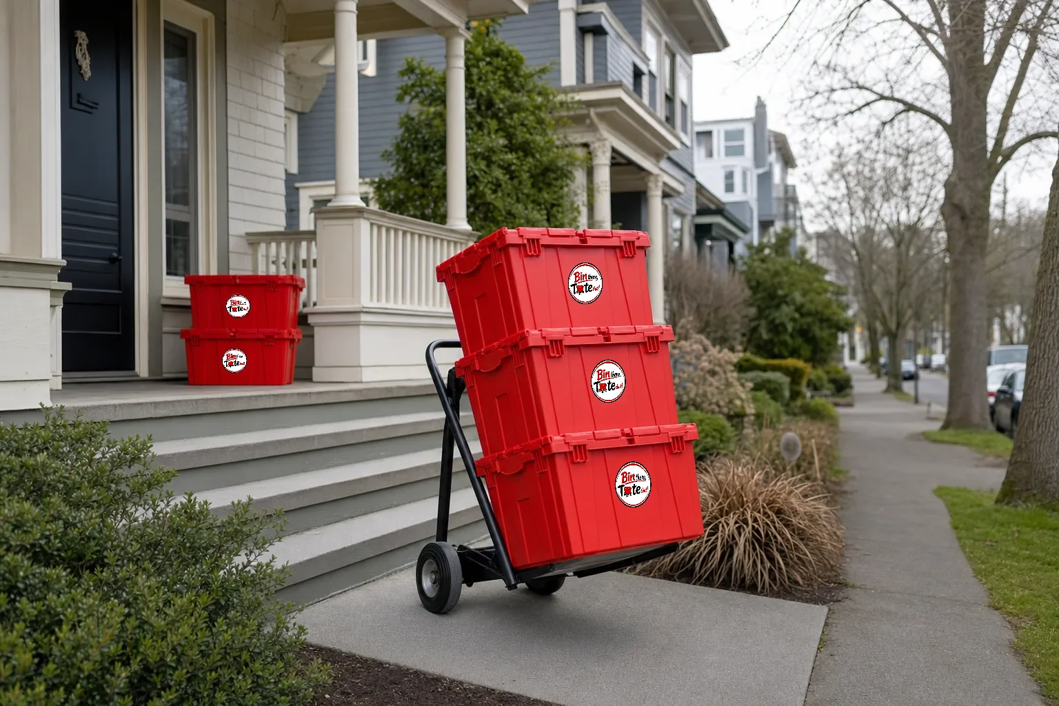 Hand truck of red moving totes on the walkway of a foursquare home on a Vancouver, WA neighborhood street