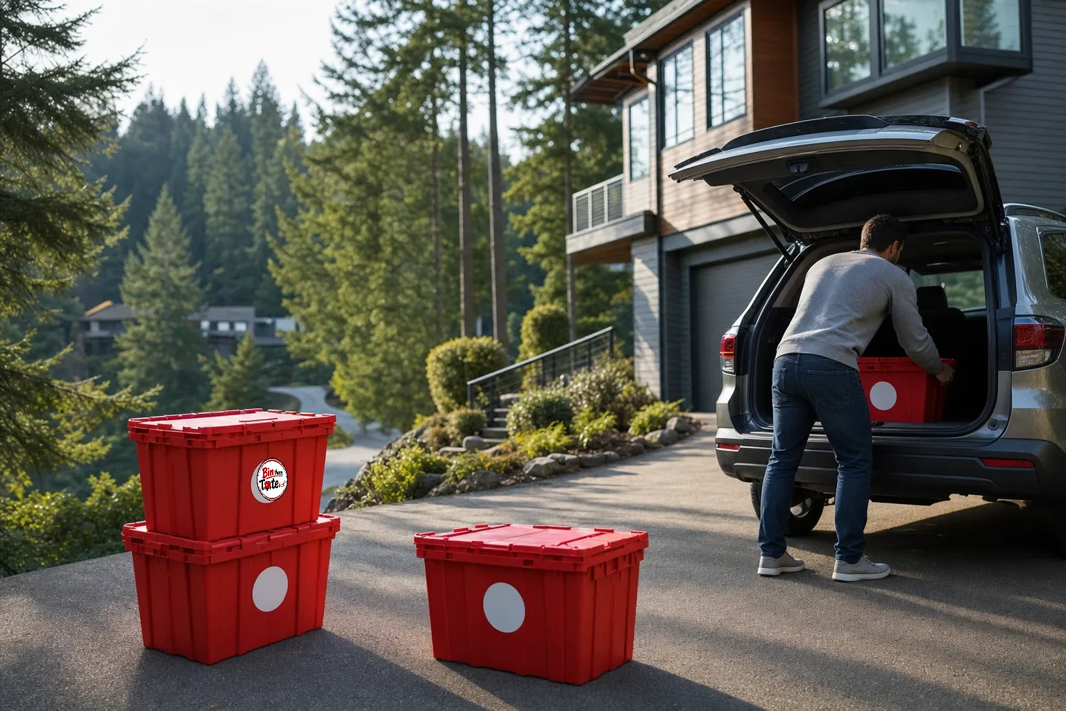 Red moving totes on the driveway of a wooded hillside West Linn home