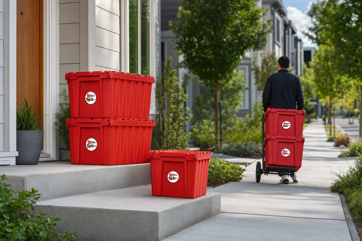 Red moving totes at the stoop of a modern Wilsonville townhome