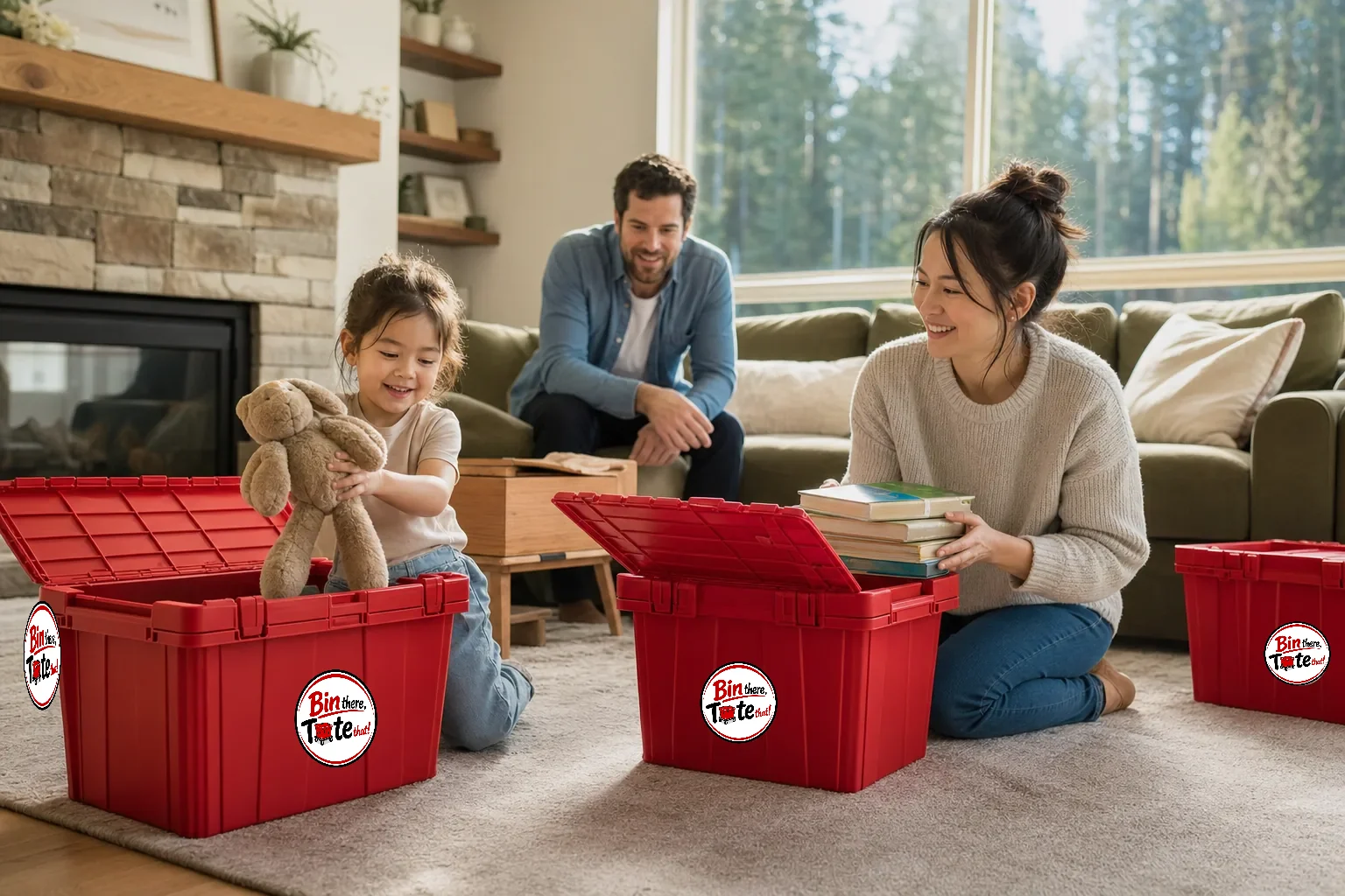 Child dropping a stuffed animal into their own small red moving tote while a parent packs books nearby