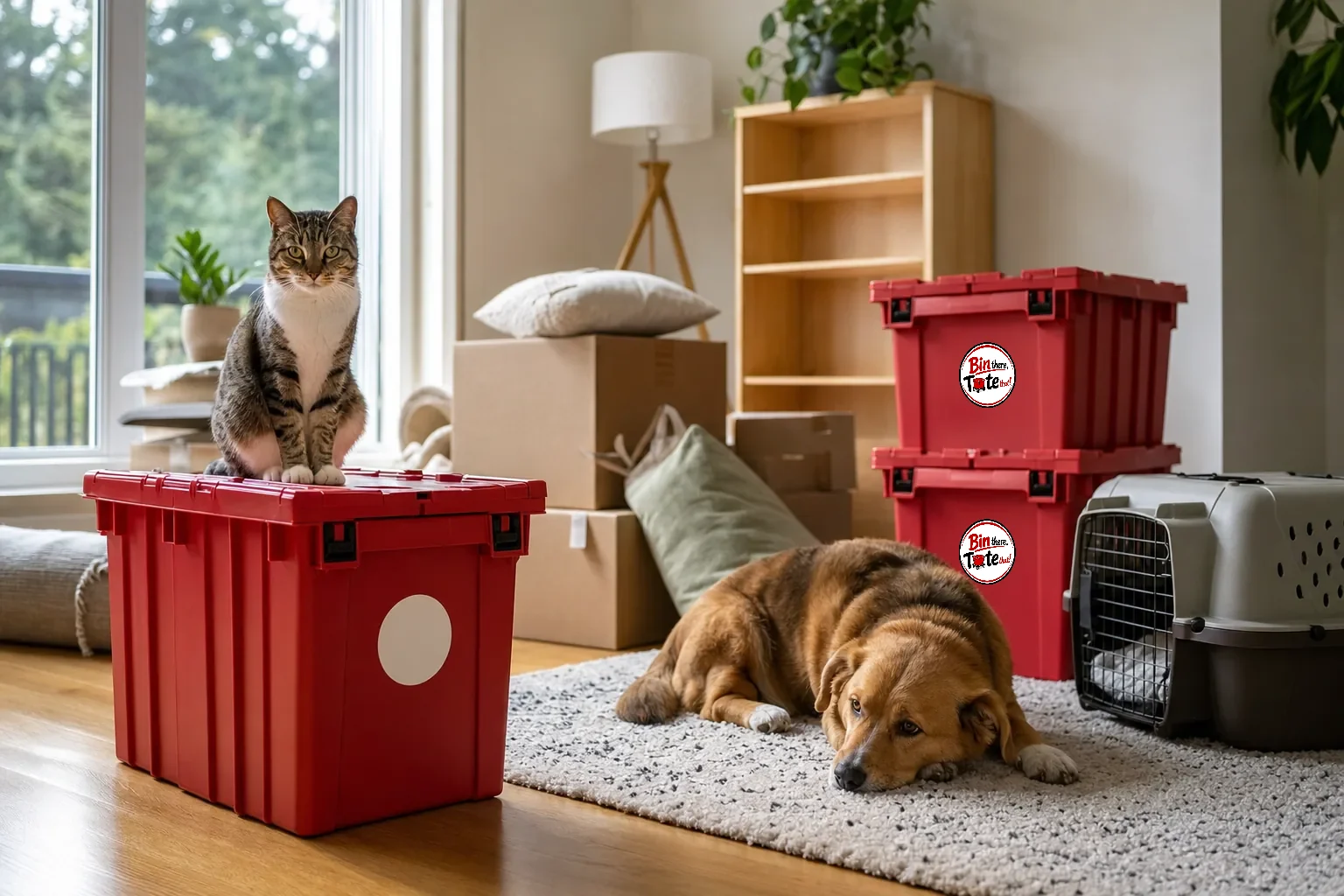 Cat sitting on a latched red moving tote while a dog rests near a pet carrier in a half-packed living room