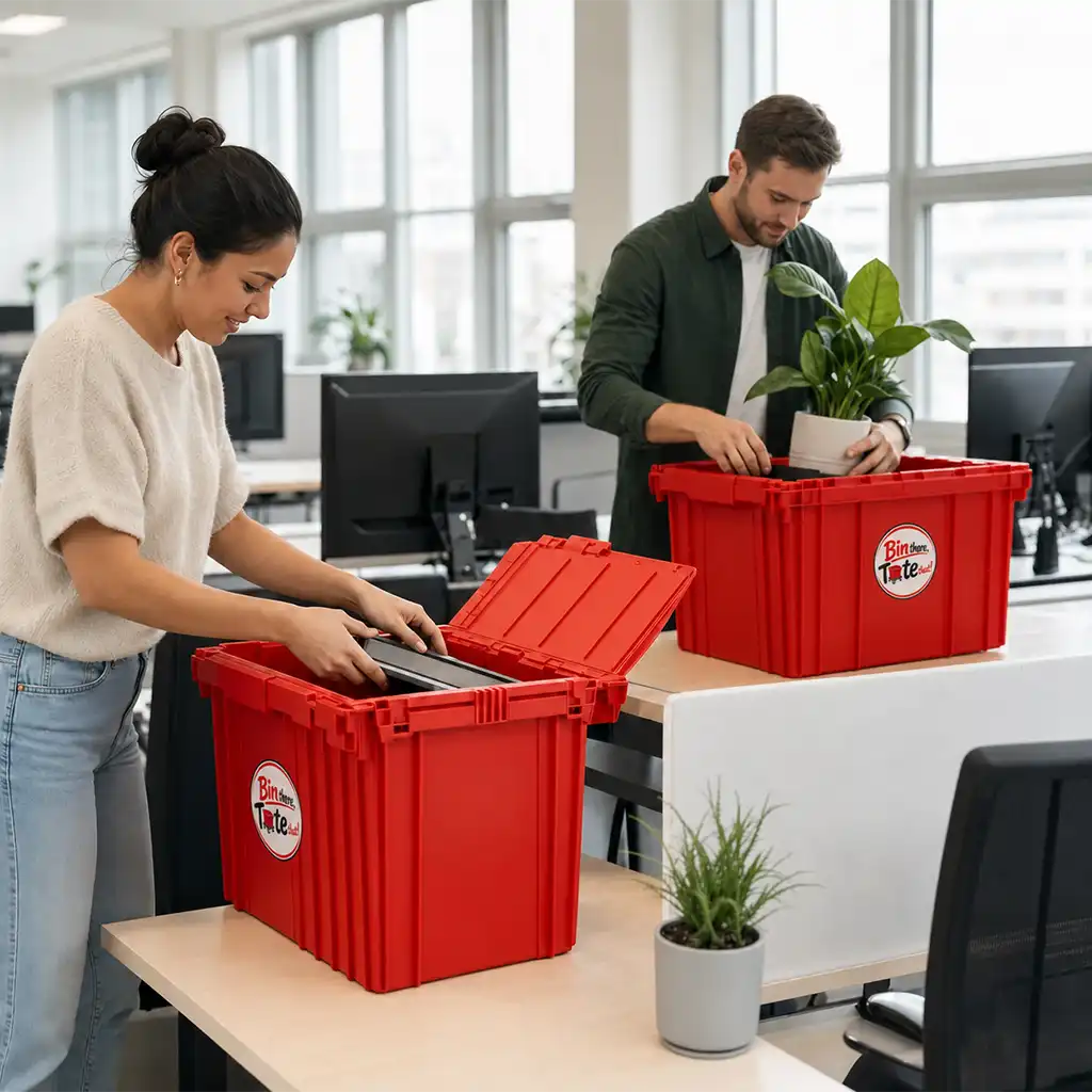 Coworkers packing red moving totes on desks during a Portland office relocation