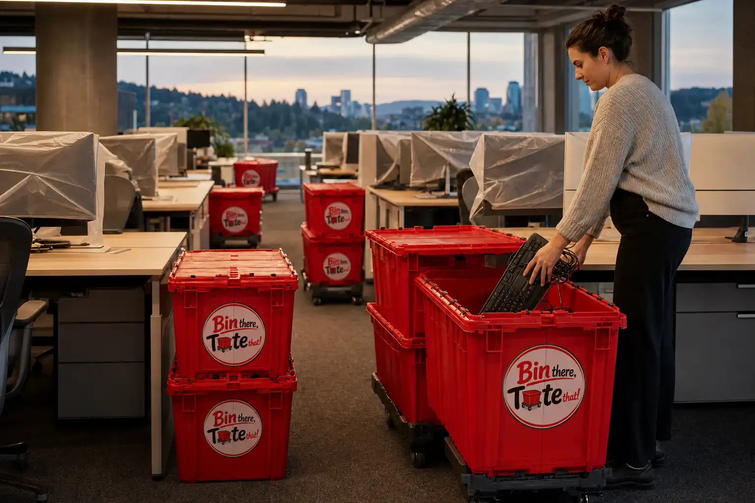 After-hours office with red moving totes on rolling carts between desks and one open tote receiving keyboards and cables