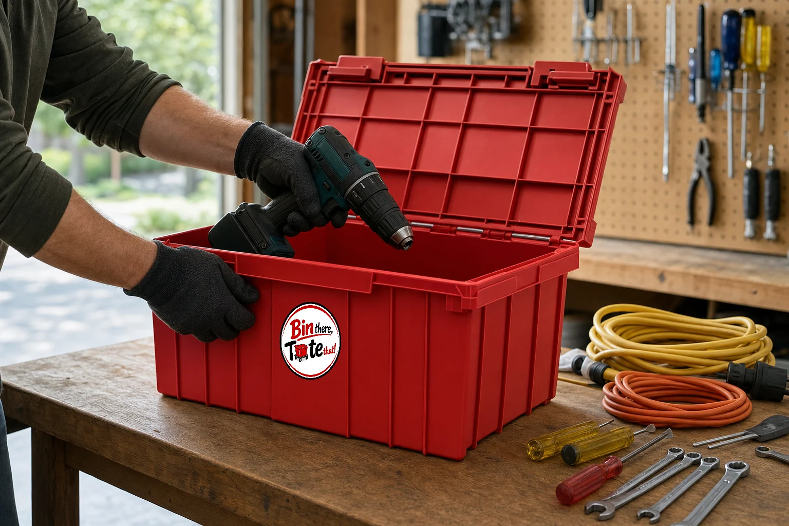 Gloved hands placing a cordless drill into an open red moving tote on a garage workbench