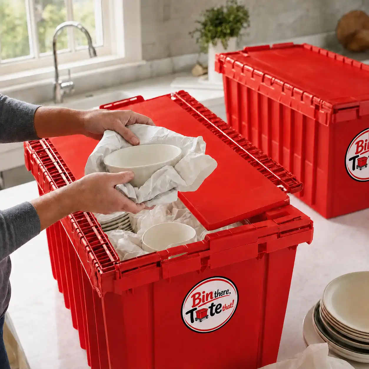 Hands wrapping a ceramic bowl and packing it into an open red moving tote in a kitchen