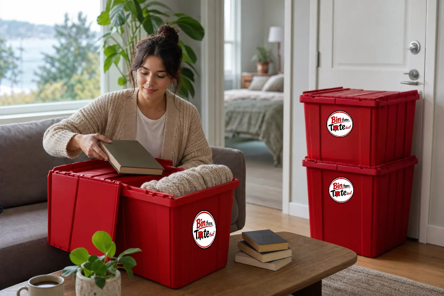 One-bedroom apartment mid-pack with a modest stack of red moving totes by the door and one open on the coffee table