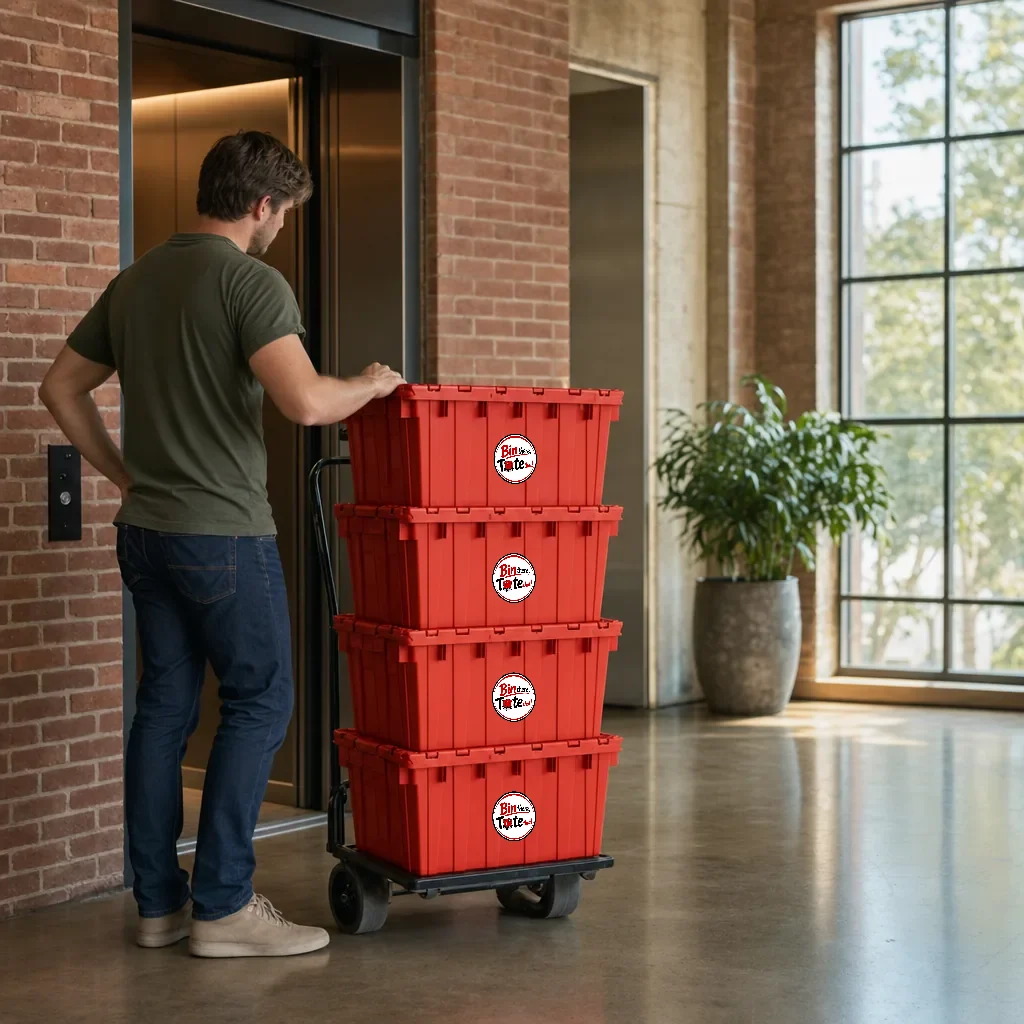Red moving totes on a hand truck beside the elevator in a converted Portland loft building lobby
