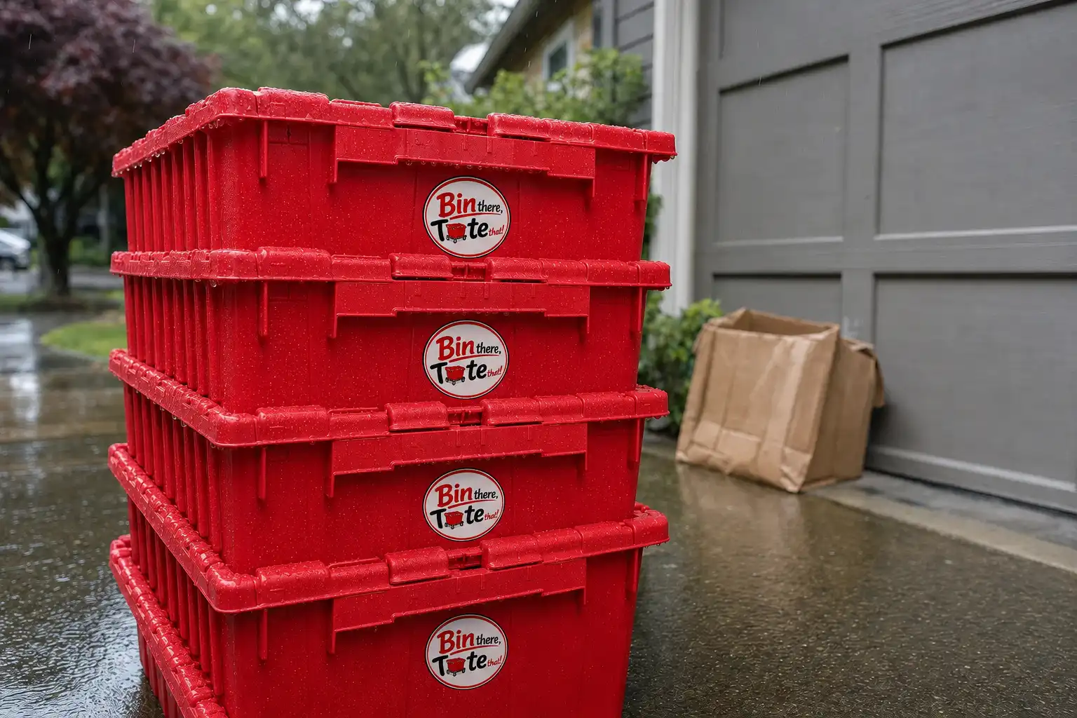Rain beading on sealed red moving totes in a Portland driveway while a wet cardboard box sags in the background