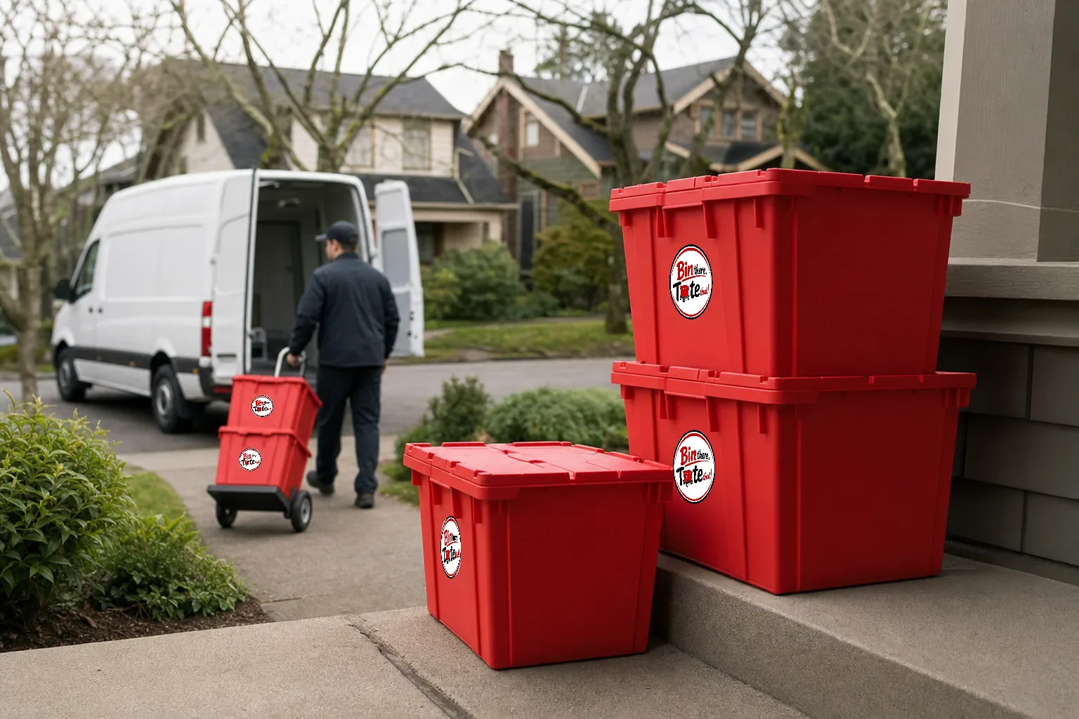 Red plastic moving totes delivered to a front step while a driver wheels more up the walkway from a cargo van at the curb