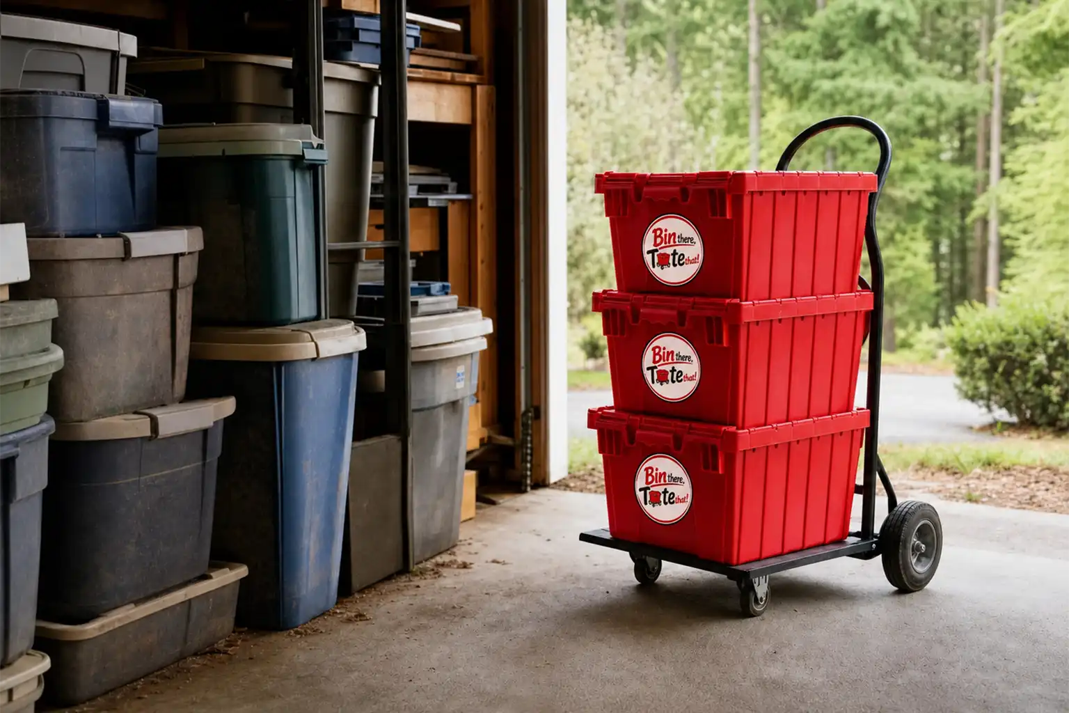 Garage crowded with dusty stored plastic bins beside a hand truck of red rental moving totes ready to leave