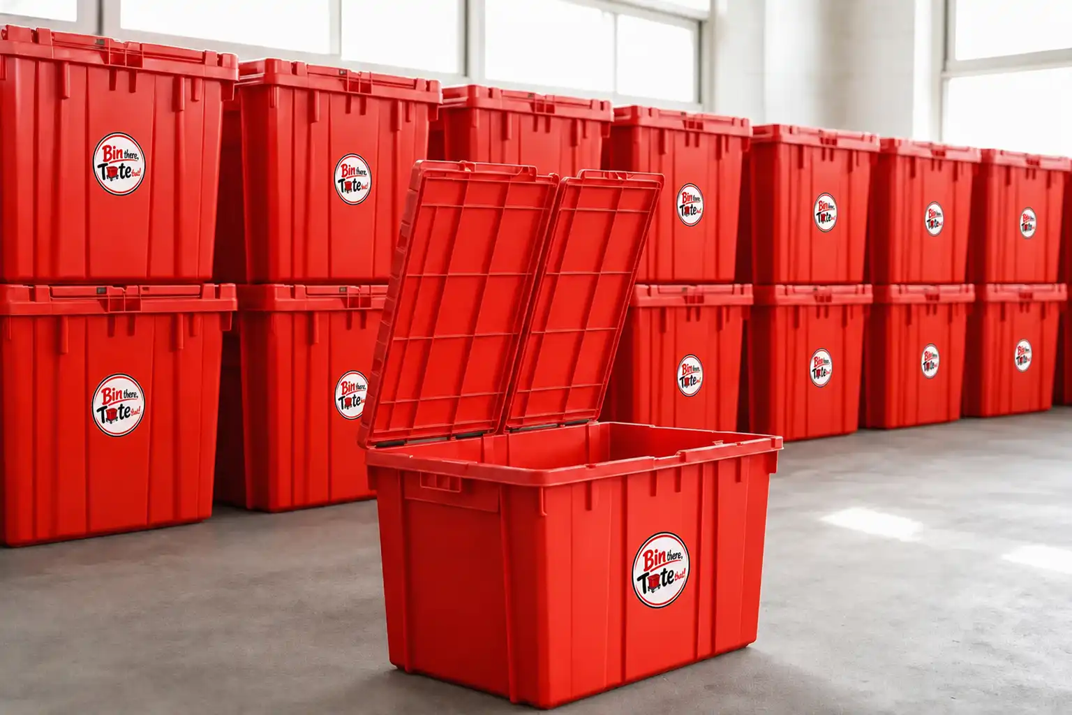 Rows of freshly cleaned red rental moving totes stacked in a bright warehouse
