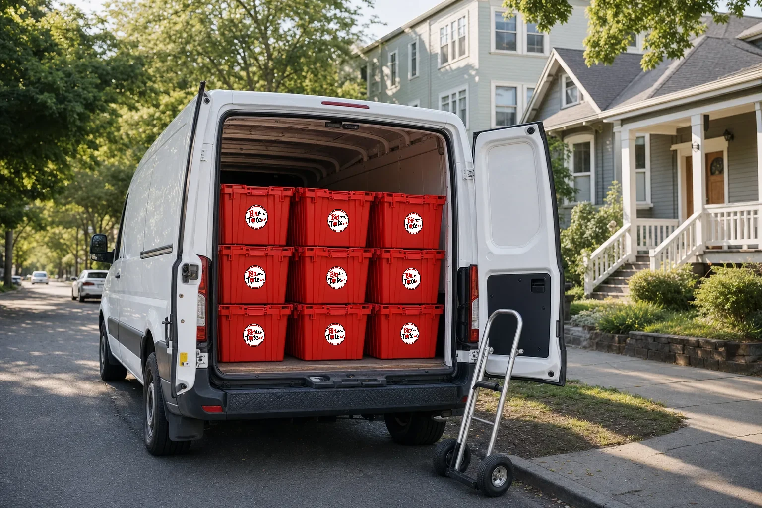 Delivery van with open rear doors full of red moving totes parked on a tree-lined Portland residential street