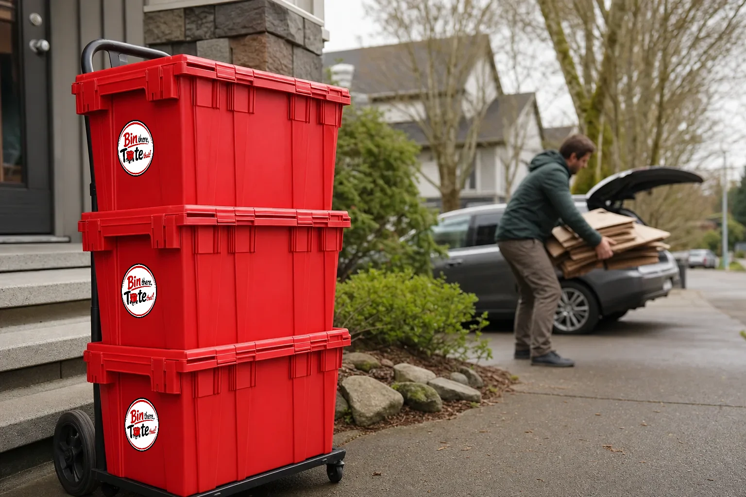 Delivered red moving totes on a hand truck by a front step while a person across the street unloads flattened cardboard boxes from a car trunk