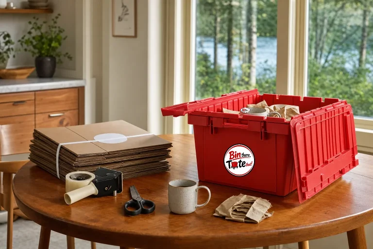 Flat-packed cardboard box bundle with a tape gun on one side of a kitchen table, open red moving tote being packed with wrapped mugs on the other
