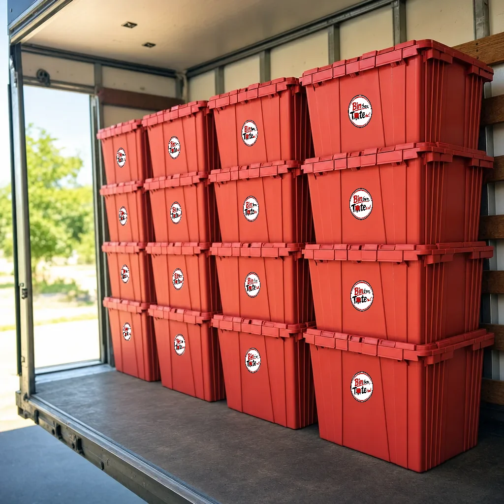 Identical red moving totes stacked in tight, stable columns inside a moving truck