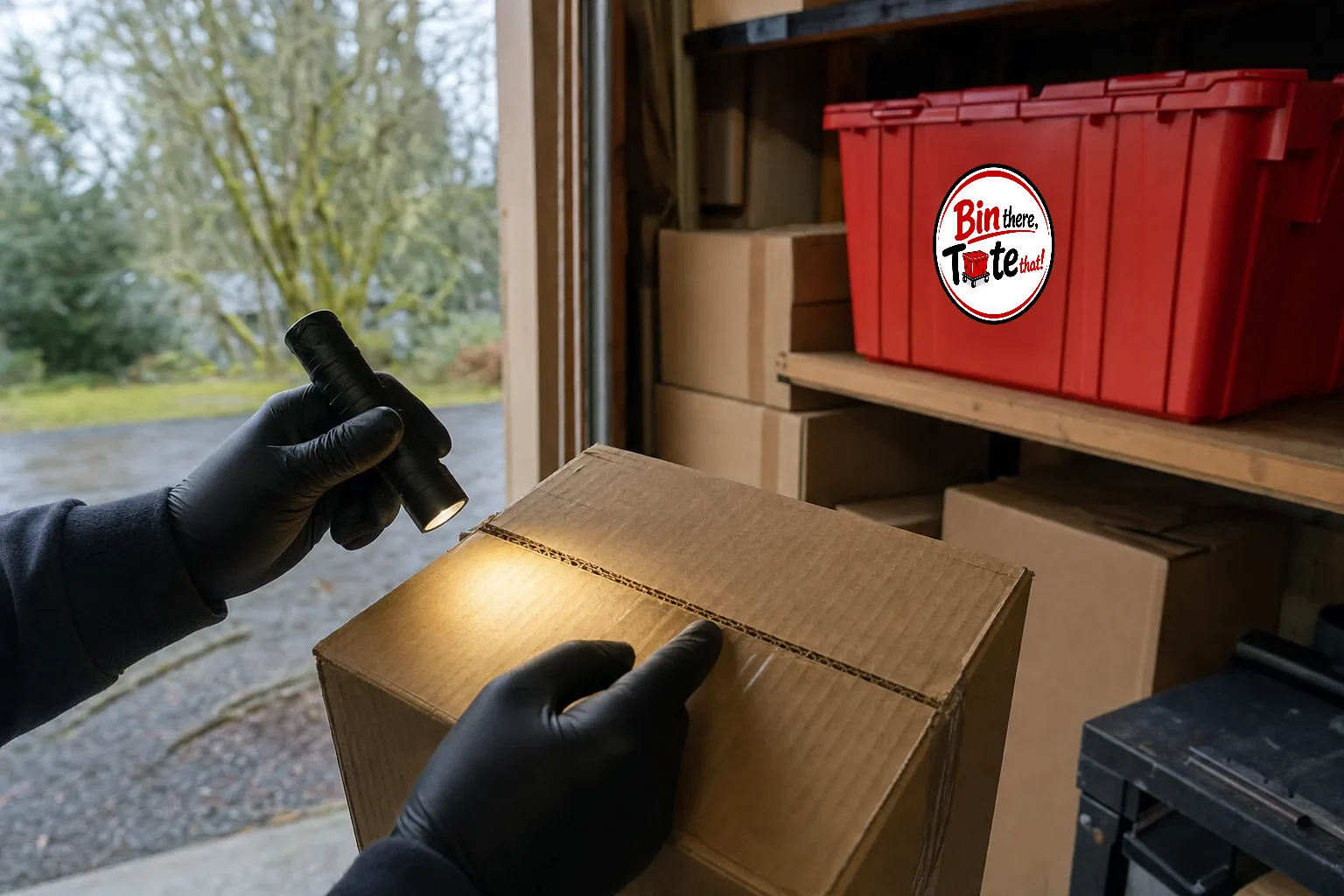 Gloved hands inspecting the seams of a secondhand cardboard box under a flashlight with a clean red moving tote set apart on a shelf