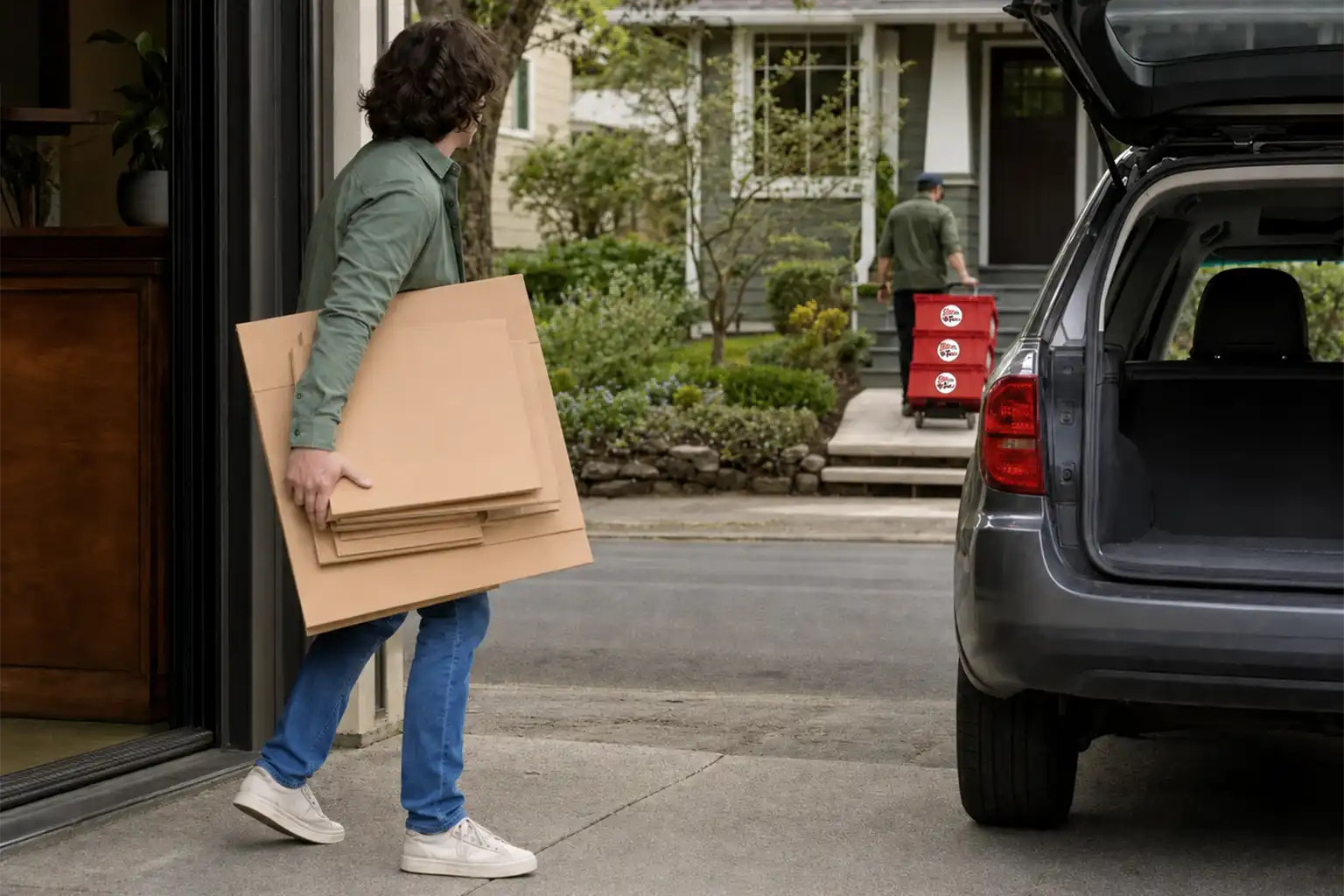 Person carrying flattened cardboard from a Portland storefront while a driver wheels red moving totes up a bungalow path across the street
