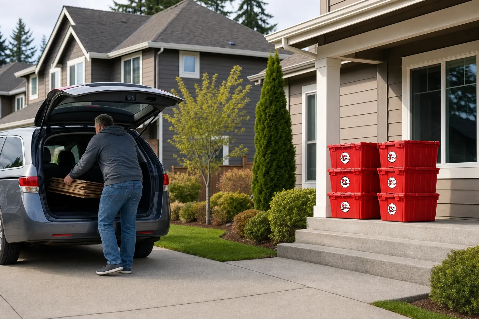 Vancouver WA street with folded cardboard going into a minivan in one driveway and red moving totes stacked by the next house's steps